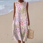 Printed Pocket Elegant Long Dress, Slim-Fit Fresh-Casual Dress