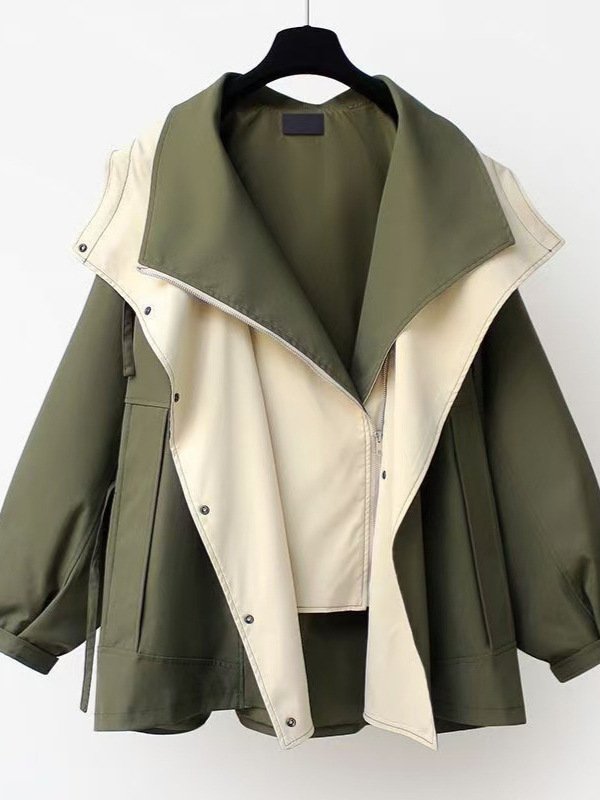 6a58a55f-e5d2-4b10-a434-199cde66f7d8.jpg Women's loose-fitting hooded lapel zipper patchwork windbreaker outerwear - Image 1