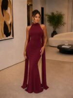 Halter Neck Fishtail Evening Gown with Cape - Image 3