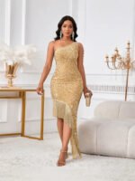 Women's One-Shoulder Crystal Tassel Sequin Dress Evening Gown - Image 2