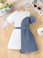 Patchwork Denim Dress with Belt Children Set - Image 3