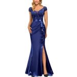 V-Neck Slim-Fit Pleated Slit Evening Gown Long Dress