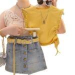 Girls Summer Flutter Sleeve Denim Shorts Set - Image 5