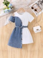 Patchwork Denim Dress with Belt Children Set - Image 2