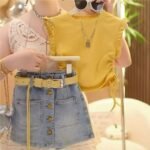 Girls Summer Flutter Sleeve Denim Shorts Set