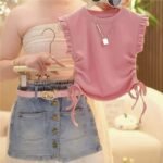 Girls Summer Flutter Sleeve Denim Shorts Set - Image 2