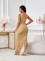 Women's One-Shoulder Crystal Tassel Sequin Dress Evening Gown - Image 3