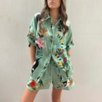 Womens Loose Printed Shirt Shorts Set