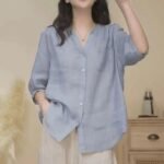 Womens Vintage Summer Cotton Linen V-Neck Loose Shirt - Image 3