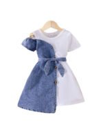 Patchwork Denim Dress with Belt Children Set - Image 5