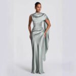 High-End Satin One-Shoulder Ribbon Waist Fishtail Gown - Image 5