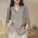 Womens Vintage Summer Cotton Linen V-Neck Loose Shirt - Image 2