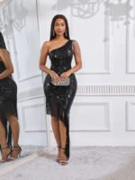 Women's One-Shoulder Crystal Tassel Sequin Dress Evening Gown - Image 4