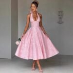 Jacquard Halter Neck Evening Gown - Image 5