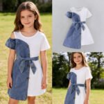 Patchwork Denim Dress with Belt Children Set
